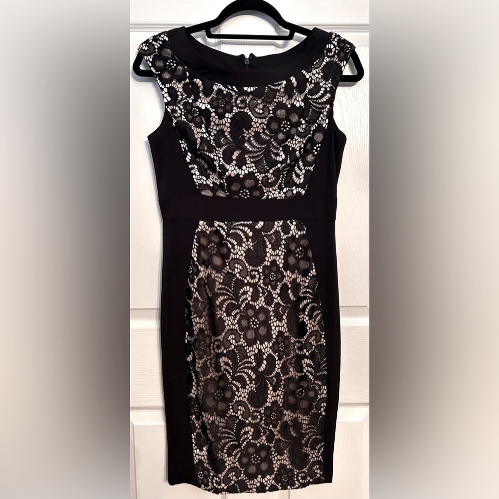 JAX Lace Overlay Sheath Knee Length Dress- Black/ Cream Size 4